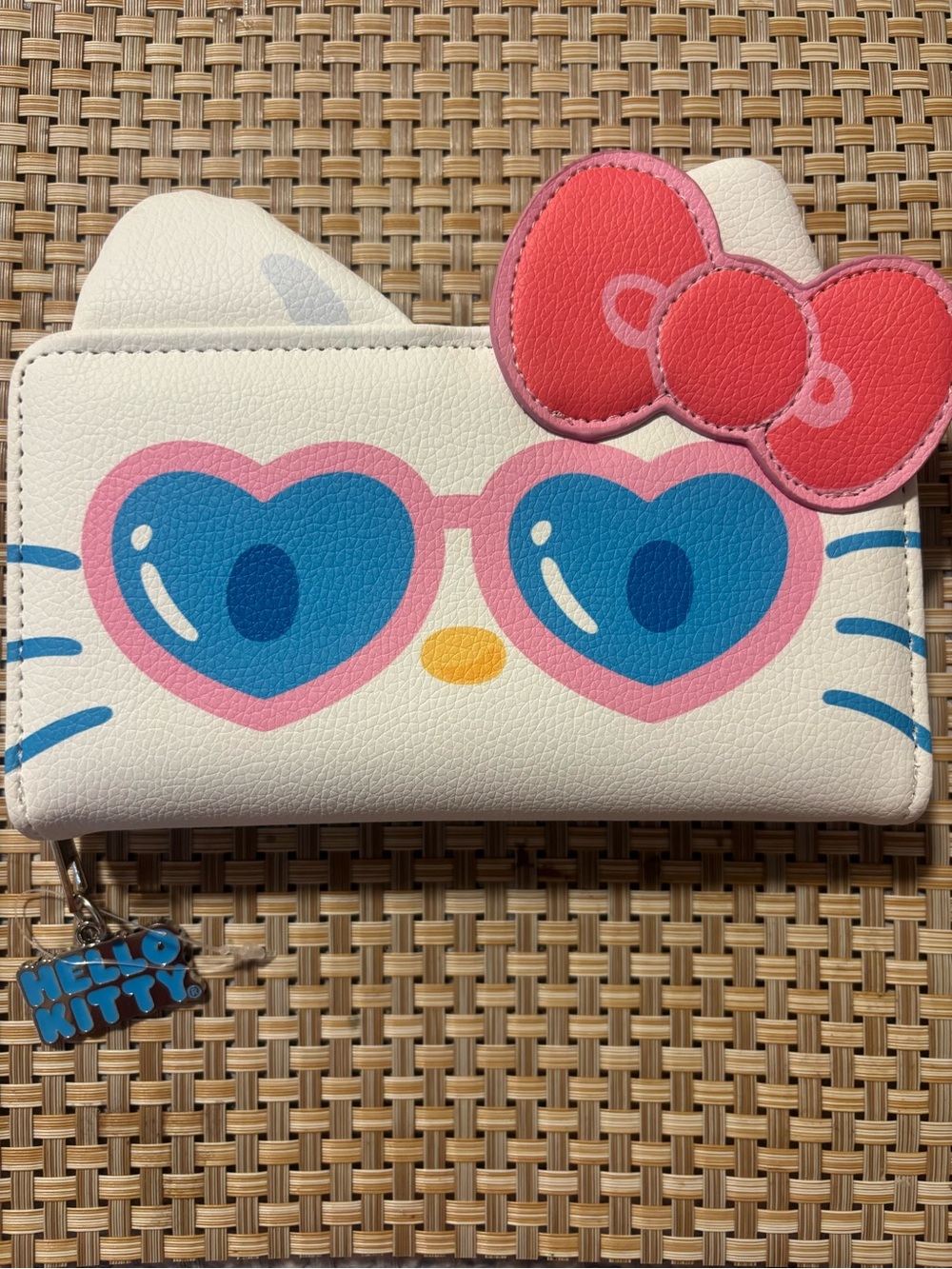 Hello Kitty White Wallet with Pink Bow and Blue Heart Sunglasses Print - Picture 1 of 5